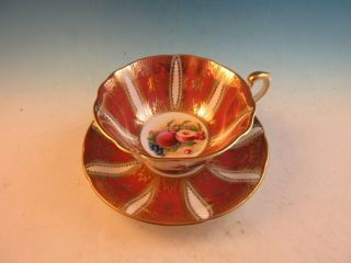 Paragon Bone China Footed Cup & Saucer Rust And Gold Band Orchard Fruit