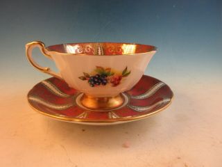 Paragon Bone China Footed Cup & Saucer Rust and Gold Band Orchard Fruit 4