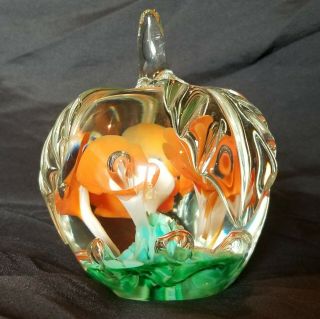 Heavy Stunning Vintage Gibson 6 " Hand Blown Glass Paperweight Apple With Flowers