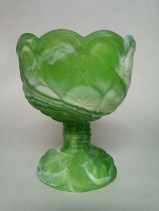 Vintage Green Slag Glass Open Candy Dish Or Compote Moon And Stars