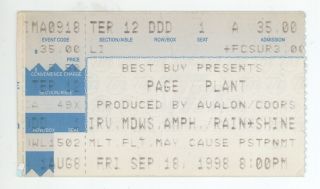Rare Page And Plant 9/16/98 Irvine Ca Ticket Stub Jimmy & Robert Led Zeppelin