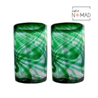 Green Swirl Highball Glass,  Hand Blown Juice Glass 16 Oz
