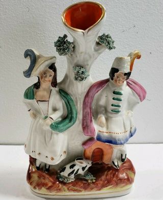 Antique Staffordshire Figurine Bud Vase With Couple And Rabbit