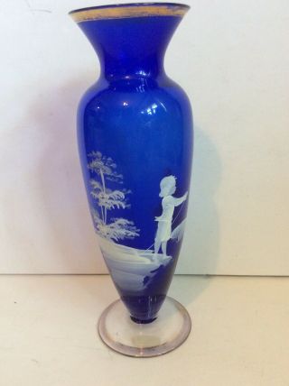 Vintage Fenton Mary Gregory Cobalt Blue Vase White Enamel 9 1/2” Boy Fishing