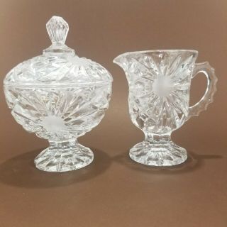 Set Of Vintage Clear Cut Lead Crystal Sugar Bowl With Lid And Creamer