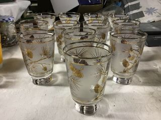 Set Of 8 Vintage Frosted Gold Libbey Pine Cone Glasses