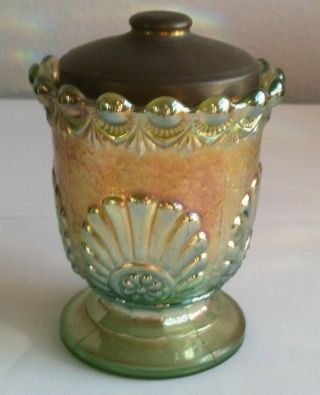 Rare Westmoreland Green Shell And Jewels Lidded Footed Sugar Iridescent Carnival