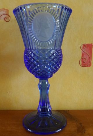 Vintage Fostoria Glass.  Cobalt Blue Goblet.  With George Washington Cameo.  VGC. 2