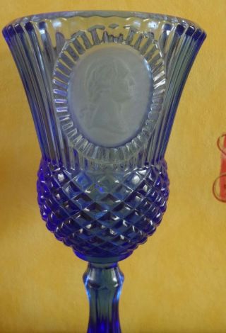 Vintage Fostoria Glass.  Cobalt Blue Goblet.  With George Washington Cameo.  VGC. 3