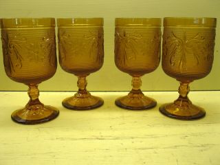 Indiana Tiara Glass Amber Sandwich 8 Ounce Footed Water Goblets Set Of 4