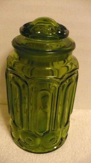 11 1/2 Inch Vintage Green Le Smith Glass Canister With Lid - Moon And Stars - Lg