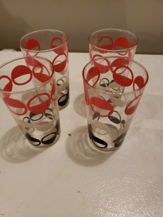 4 Vintage Mid Century Red White Black Circles Drinking Glasses Retro 1970 