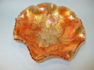 Iridescent Imperial Marigold Carnival Glass Ruffled Bowl W/open Roses Lovely