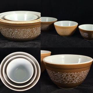 Gorgeous Vintage Brown Floral Pyrex Nesting Mixing Bowls Set Of 3 A,