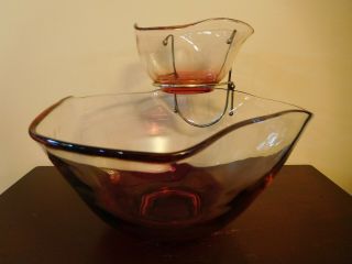 Vintage Anchor Hocking Mcm Red/clear Glass Chip And Dip Bowl Set