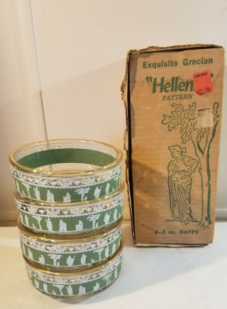 4 Vintage Jeanette Glass “hellenic” Green Wedgewood 3oz Nappy Bowls Orig Box