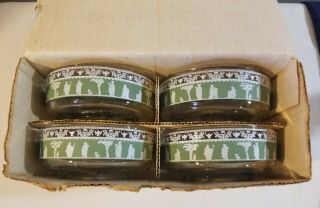 4 Vintage Jeanette Glass “Hellenic” Green Wedgewood 3oz Nappy Bowls Orig Box 2