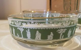 4 Vintage Jeanette Glass “Hellenic” Green Wedgewood 3oz Nappy Bowls Orig Box 3