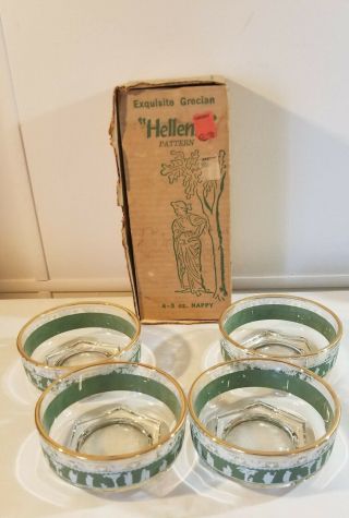 4 Vintage Jeanette Glass “Hellenic” Green Wedgewood 3oz Nappy Bowls Orig Box 5