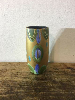 Sascha Brastoff Signed Art Pottery Vase Gold Mirrored Chartreuse Blue