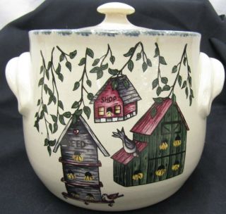 Home And Garden Party Cookie Jar / Bean Pot With Lid Birdhouse 1999