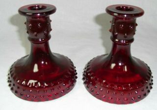 Pair Ruby Red Depression Hobnail Glass Candle Sticks Holders Round Base 4 " Tall
