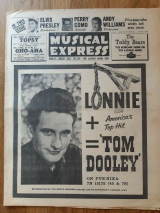 Nme Music Newspaper November 14th 1958 Lonnie Donegan Tom Dooley Cover