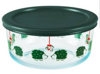 Pyrex 4 Cup Glass Christmas Green Hedgehogs Under Mistletoe Bowl With Lid