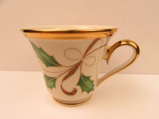 Holiday Nouveau Gold By Lenox Coffee Cup Holly Berries Plaid Ribbon