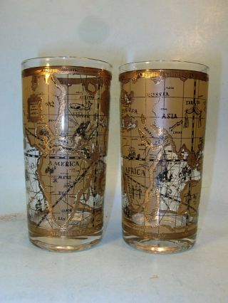 2 Vintage Cera Old World Nautical Map Of World Highball Glasses Tumblers Gold