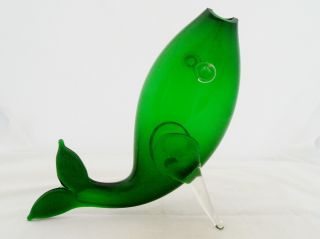 Blenko Glass Usa Large Green Fish Vase 1960s 70s Retro