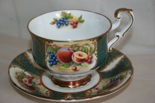 Gorgeous Vintage Paragon Bone China Tea Cup Saucer Set - Teal/gold W/fruits