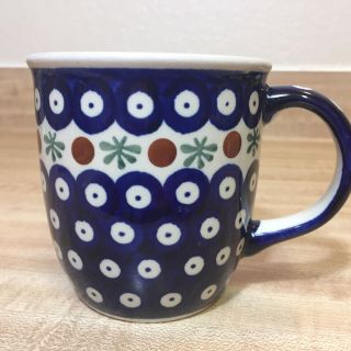 Boleslawiec Pottery Polish Coffee Mug Cup Blue White Dots Handmade In Poland