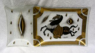 Fred Press Gold & Black Trojan Horse Glass Divided Tray Plate Mid Century Modern