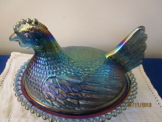 Indiana Iridescent Blue Carnival Glass Hen On Beaded Nest Covered Candy Dish