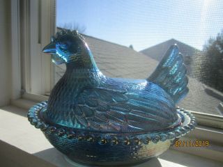 INDIANA IRIDESCENT BLUE CARNIVAL GLASS HEN ON BEADED NEST COVERED CANDY DISH 2