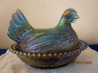 INDIANA IRIDESCENT BLUE CARNIVAL GLASS HEN ON BEADED NEST COVERED CANDY DISH 3