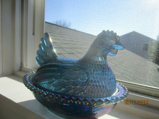 INDIANA IRIDESCENT BLUE CARNIVAL GLASS HEN ON BEADED NEST COVERED CANDY DISH 4