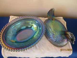 INDIANA IRIDESCENT BLUE CARNIVAL GLASS HEN ON BEADED NEST COVERED CANDY DISH 5