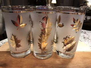 6 Vintage MCM Libbey Frosted Clear Gold Leaf Glasses Mid - Century 2