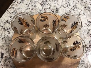 6 Vintage MCM Libbey Frosted Clear Gold Leaf Glasses Mid - Century 3