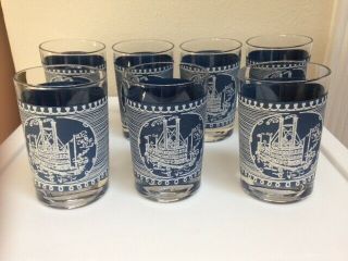 7 Vintage Blue - Currier And Ives Steamboat Juice Glasses - 4 Oz.  Royal China