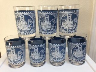 7 Vintage Blue - Currier And Ives Steamboat juice glasses - 4 oz.  Royal China 3
