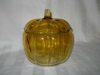 Vintage Anchor Hocking Amber Gold Glass Pumpkin Candy Jar Yellow