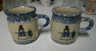 Rare Set Of 2 Henn Pottery Workshops Blue Snowman Coffee Mugs