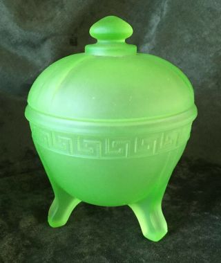 Green Frosted Depression Glass Greek Key Footed Powder Dish Or Candy Bowl W Lid