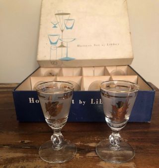 Libbey Golden Foliage Leaf Glasses Nib Vintage Glass Eight 1 Oz Cordials (murf)