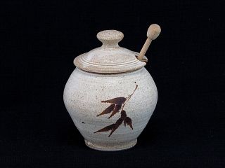 Large Artisan Studio Pottery Speckled Stoneware Honey Pot W/stick Bamboo Design