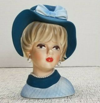 Vintage Napcoware Napco Blue Dress Blue Eye Lady Head Vase Pearls Hat