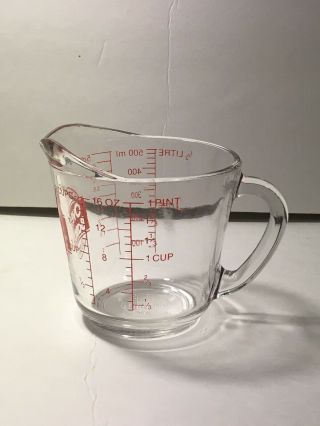 Vintage Anchor Hocking Oven Basics 2 Cup Measuring,  Handle Red Print Ships